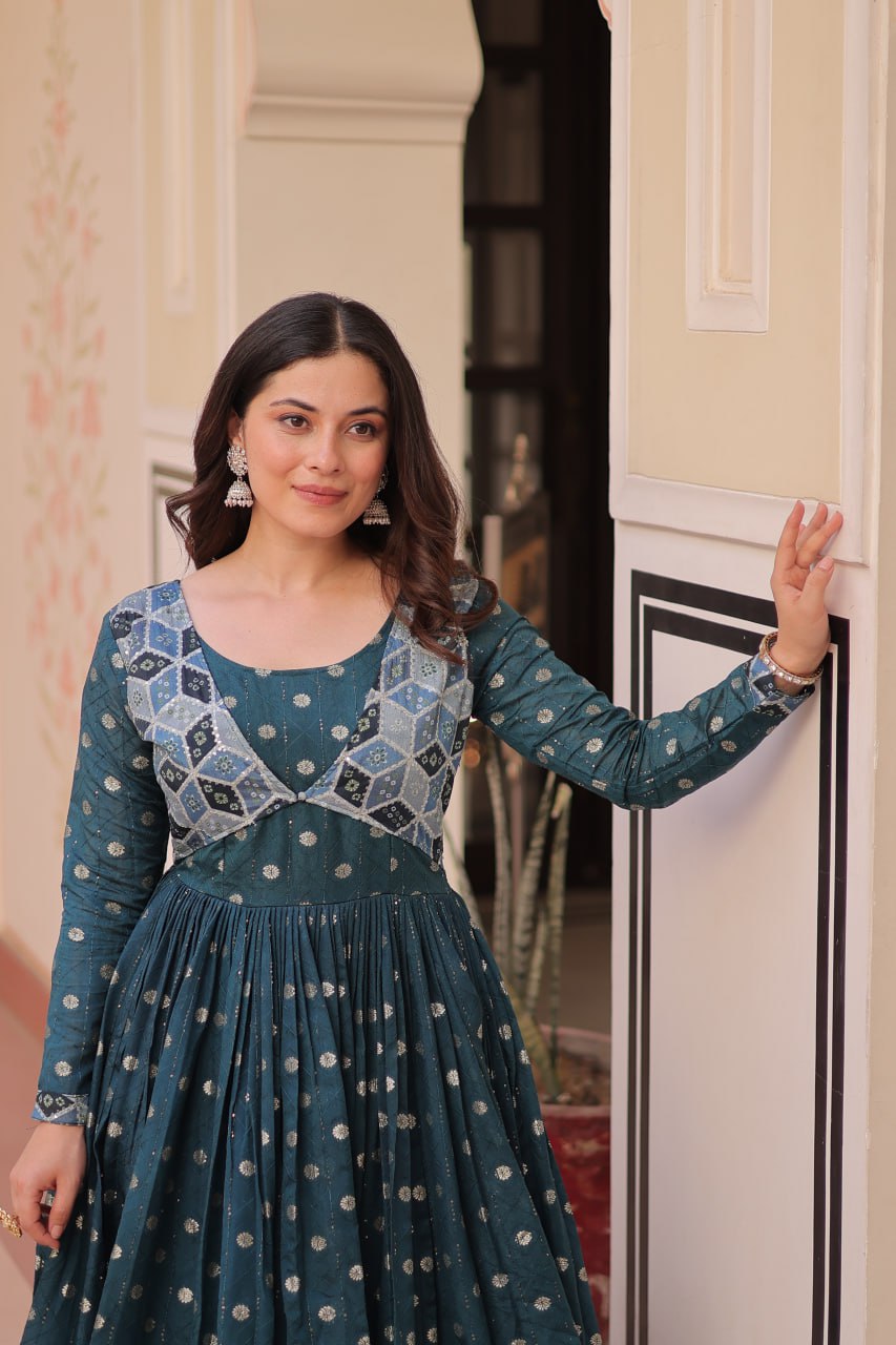 Position Print Teal Choli Gown with Staple Jacquard Weaving Work – Ethnic Partywear for Women