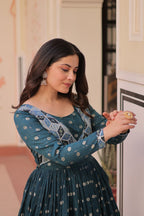 Position Print Teal Choli Gown with Staple Jacquard Weaving Work – Ethnic Partywear for Women