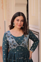 Position Print Teal Choli Gown with Staple Jacquard Weaving Work – Ethnic Partywear for Women