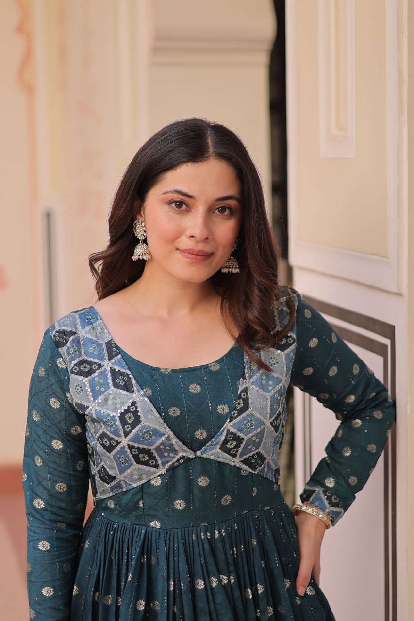 Position Print Teal Choli Gown with Staple Jacquard Weaving Work – Ethnic Partywear for Women