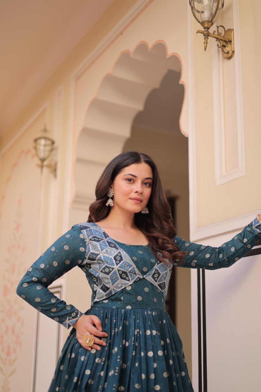 Position Print Teal Choli Gown with Staple Jacquard Weaving Work – Ethnic Partywear for Women