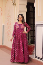 Position Print Wine Choli Gown with Staple Jacquard Weaving Work – Ethnic Partywear for Women