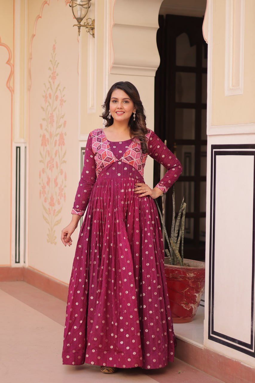 Position Print Wine Choli Gown with Staple Jacquard Weaving Work – Ethnic Partywear for Women