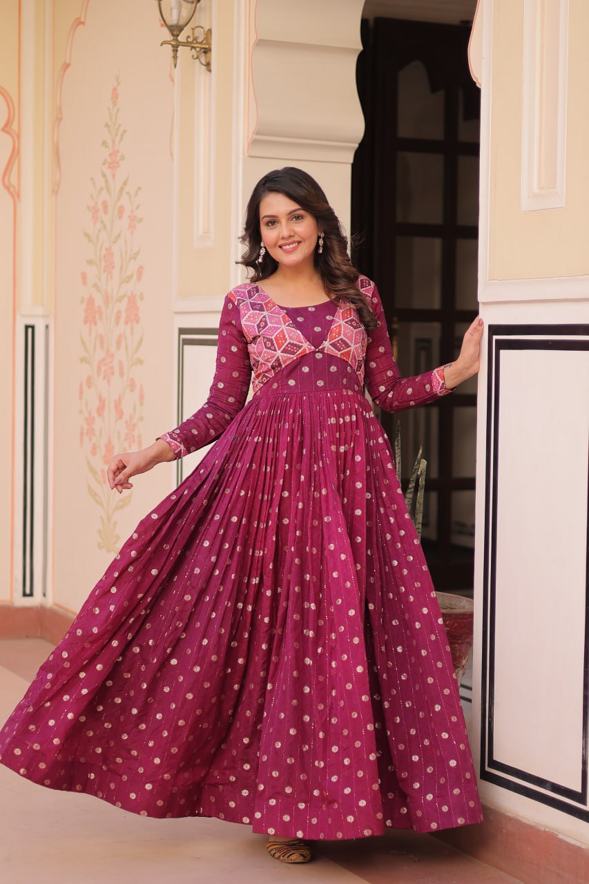Position Print Wine Choli Gown with Staple Jacquard Weaving Work – Ethnic Partywear for Women