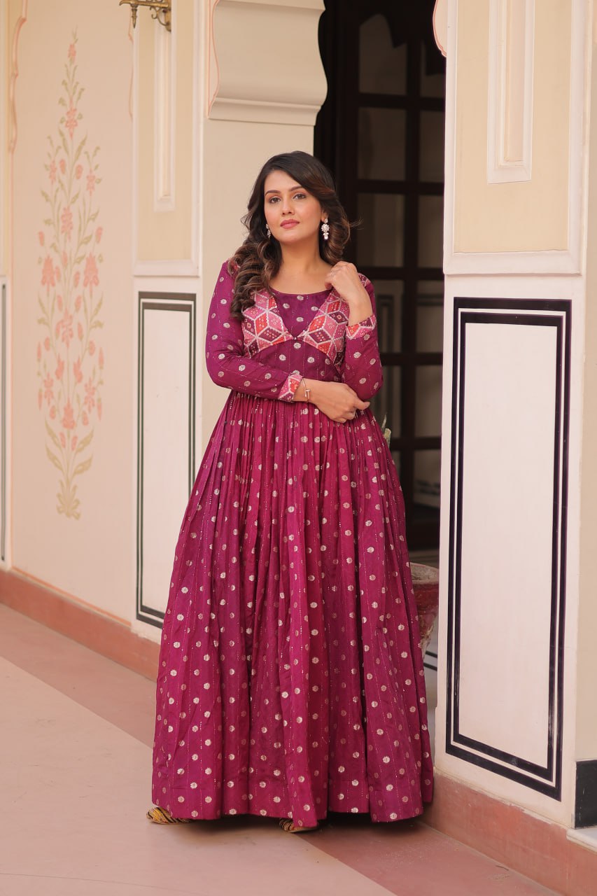 Position Print Wine Choli Gown with Staple Jacquard Weaving Work – Ethnic Partywear for Women