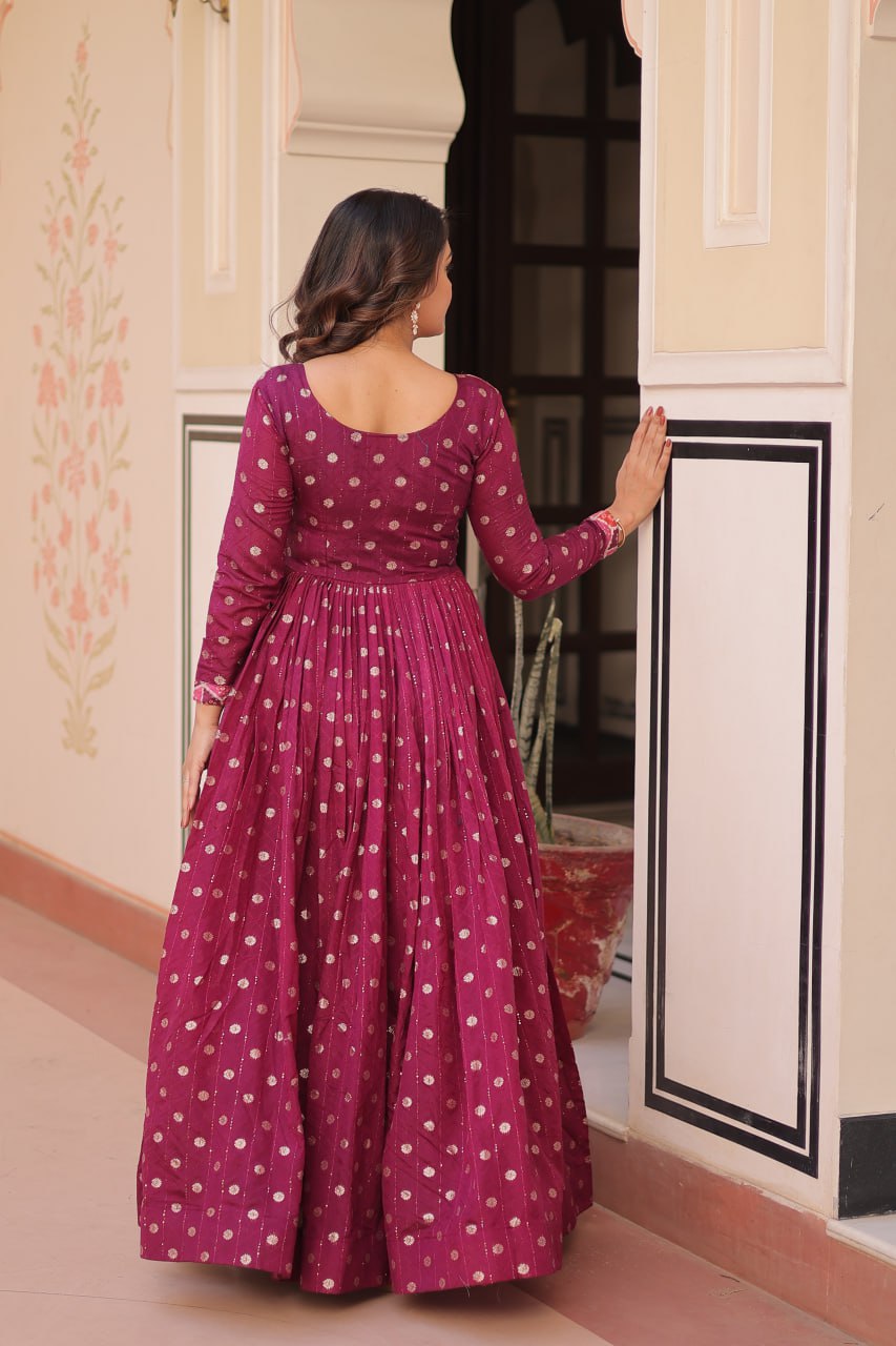 Position Print Wine Choli Gown with Staple Jacquard Weaving Work – Ethnic Partywear for Women