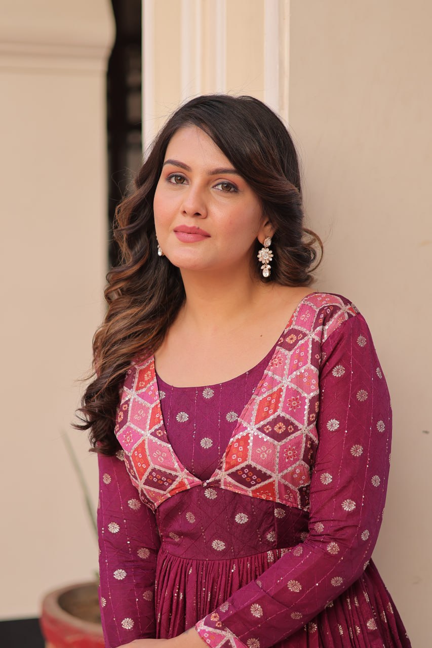 Position Print Wine Choli Gown with Staple Jacquard Weaving Work – Ethnic Partywear for Women