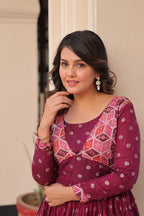 Position Print Wine Choli Gown with Staple Jacquard Weaving Work – Ethnic Partywear for Women
