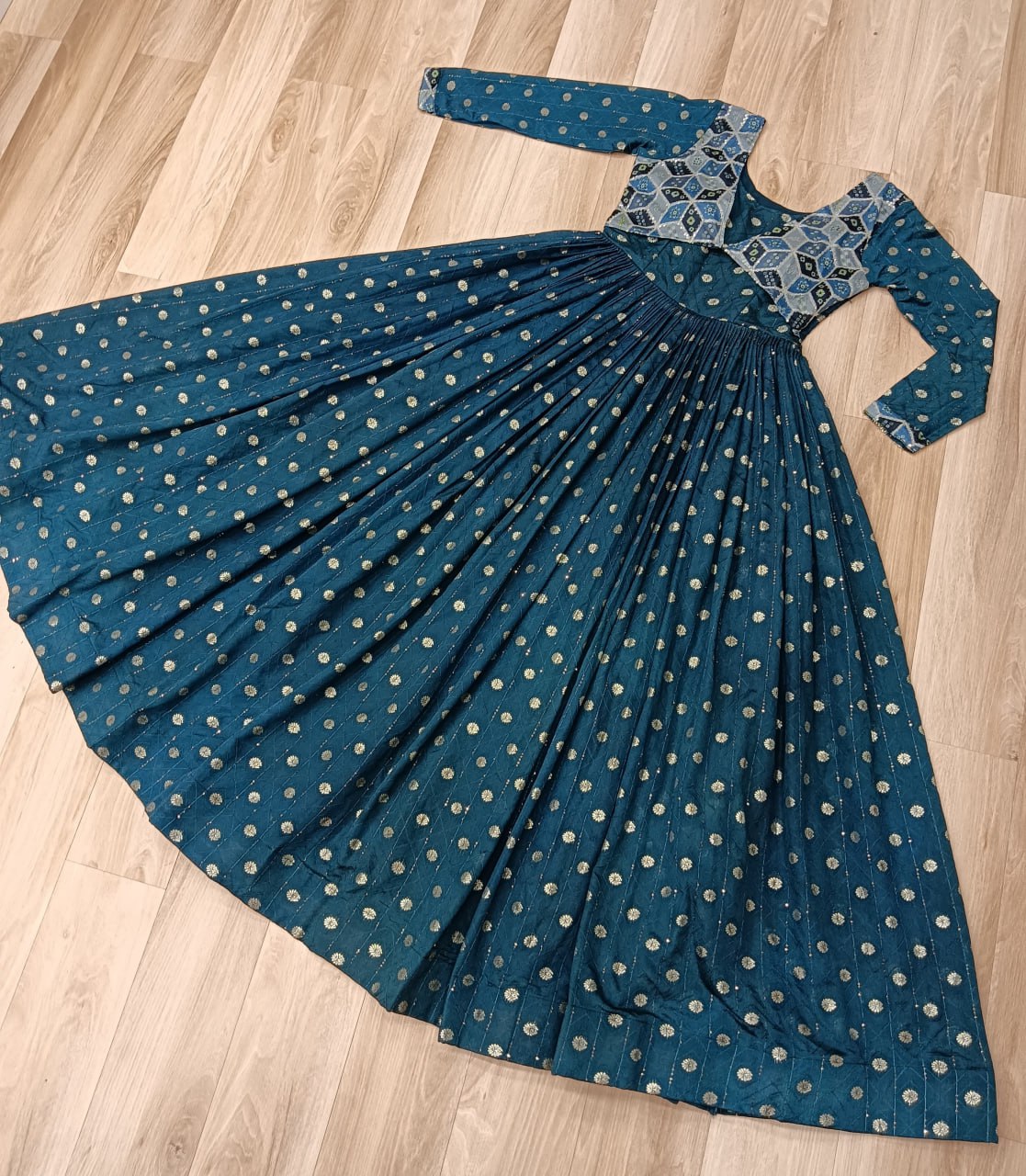 Position Print Teal Choli Gown with Staple Jacquard Weaving Work – Ethnic Partywear for Women