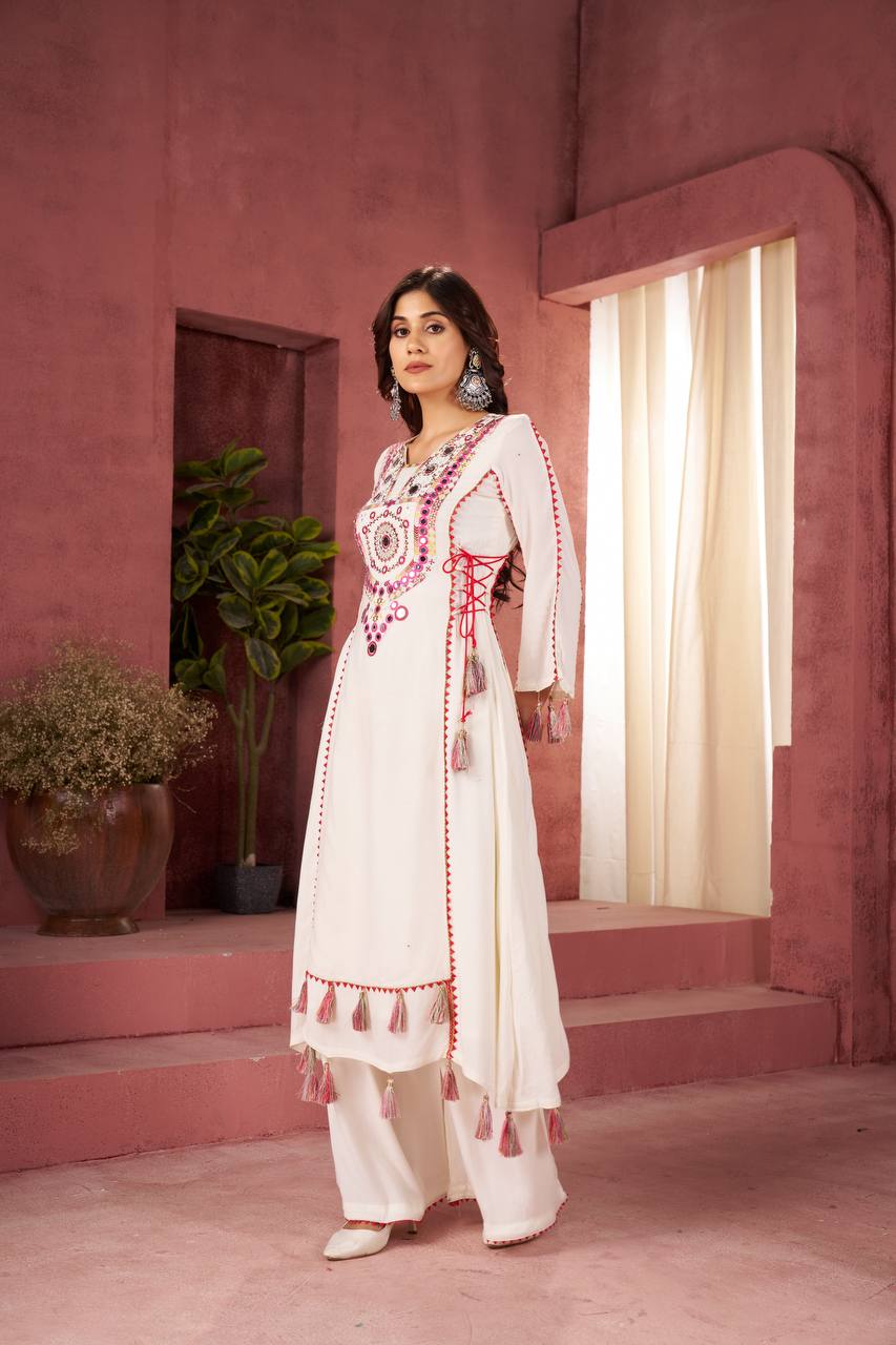 Women’s White Rayon Kurta Set with Thread Embroidery, Real Mirror Work, Tassels & Fancy Lace Detailing