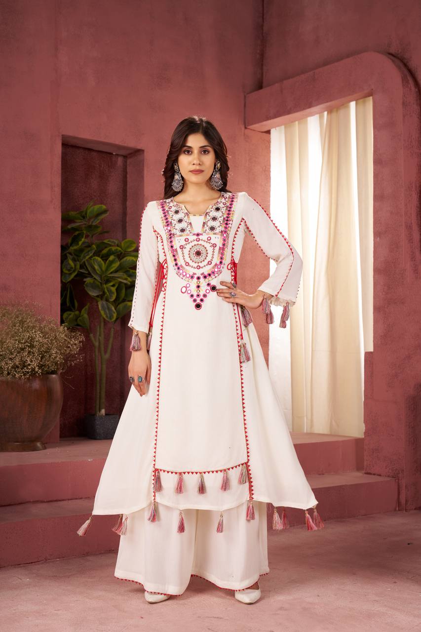 Women’s White Rayon Kurta Set with Thread Embroidery, Real Mirror Work, Tassels & Fancy Lace Detailing