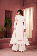 Women’s White Rayon Kurta Set with Thread Embroidery, Real Mirror Work, Tassels & Fancy Lace Detailing