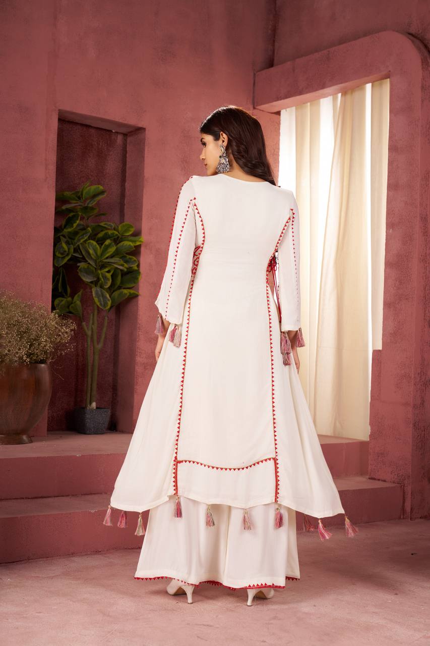 Women’s White Rayon Kurta Set with Thread Embroidery, Real Mirror Work, Tassels & Fancy Lace Detailing