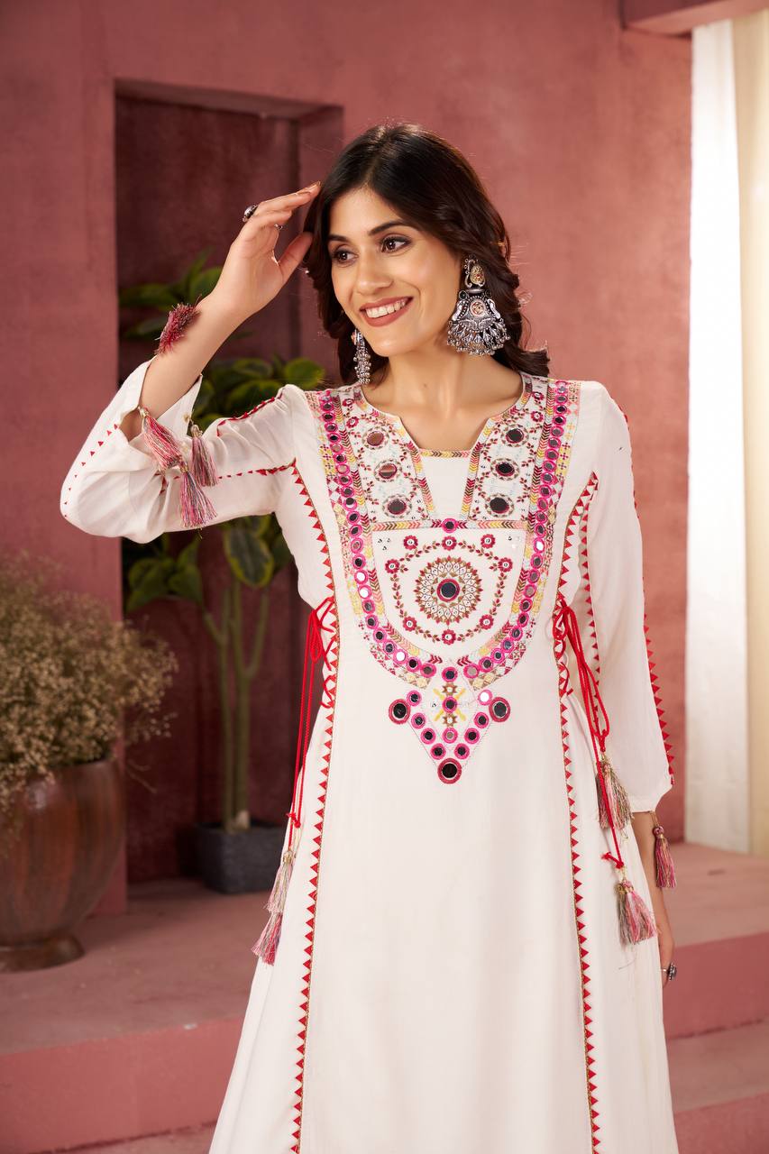 Women’s White Rayon Kurta Set with Thread Embroidery, Real Mirror Work, Tassels & Fancy Lace Detailing