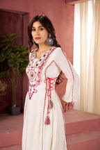 Women’s White Rayon Kurta Set with Thread Embroidery, Real Mirror Work, Tassels & Fancy Lace Detailing