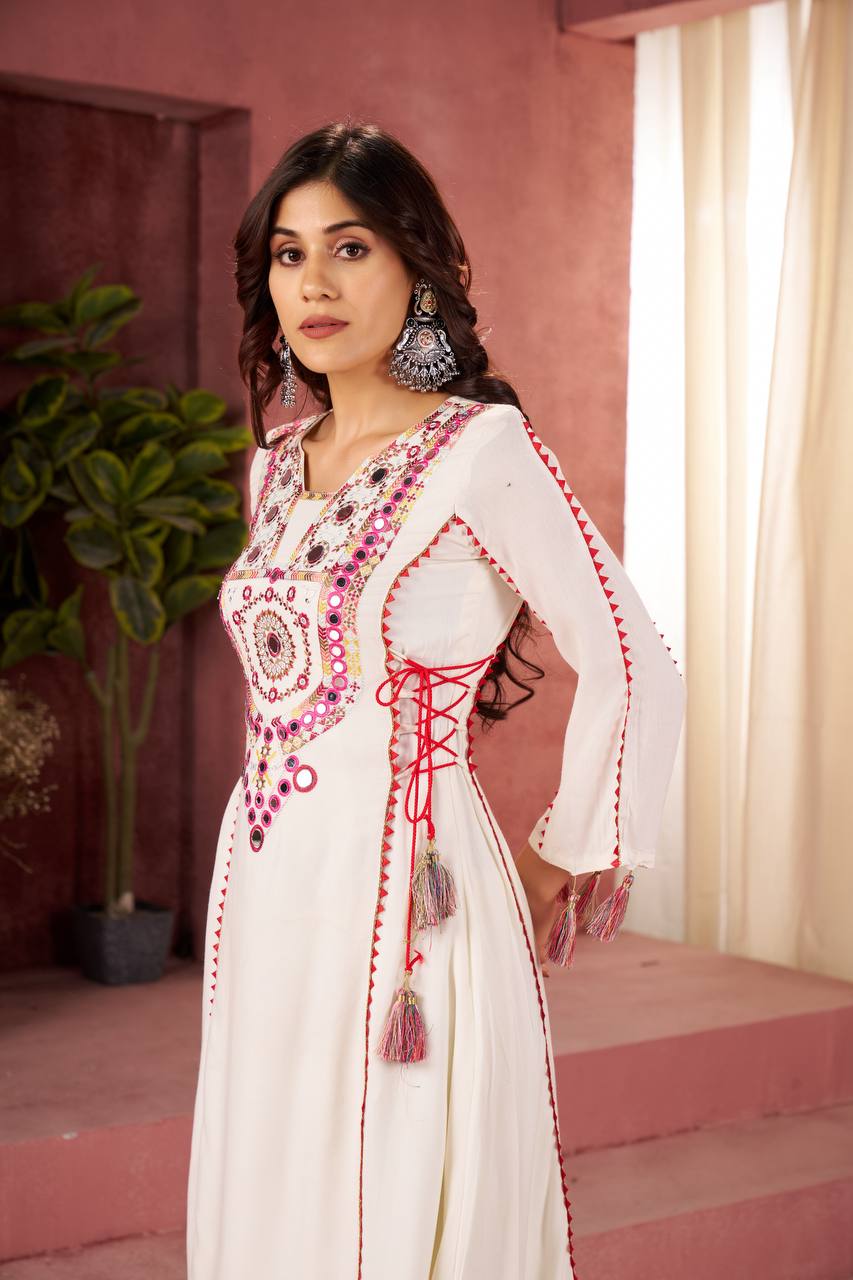 Women’s White Rayon Kurta Set with Thread Embroidery, Real Mirror Work, Tassels & Fancy Lace Detailing