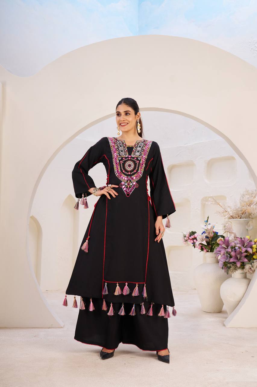 Women’s Black Rayon Kurta Set with Thread Embroidery, Real Mirror Work, Tassels & Fancy Lace Detailing