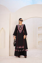 Women’s Black Rayon Kurta Set with Thread Embroidery, Real Mirror Work, Tassels & Fancy Lace Detailing