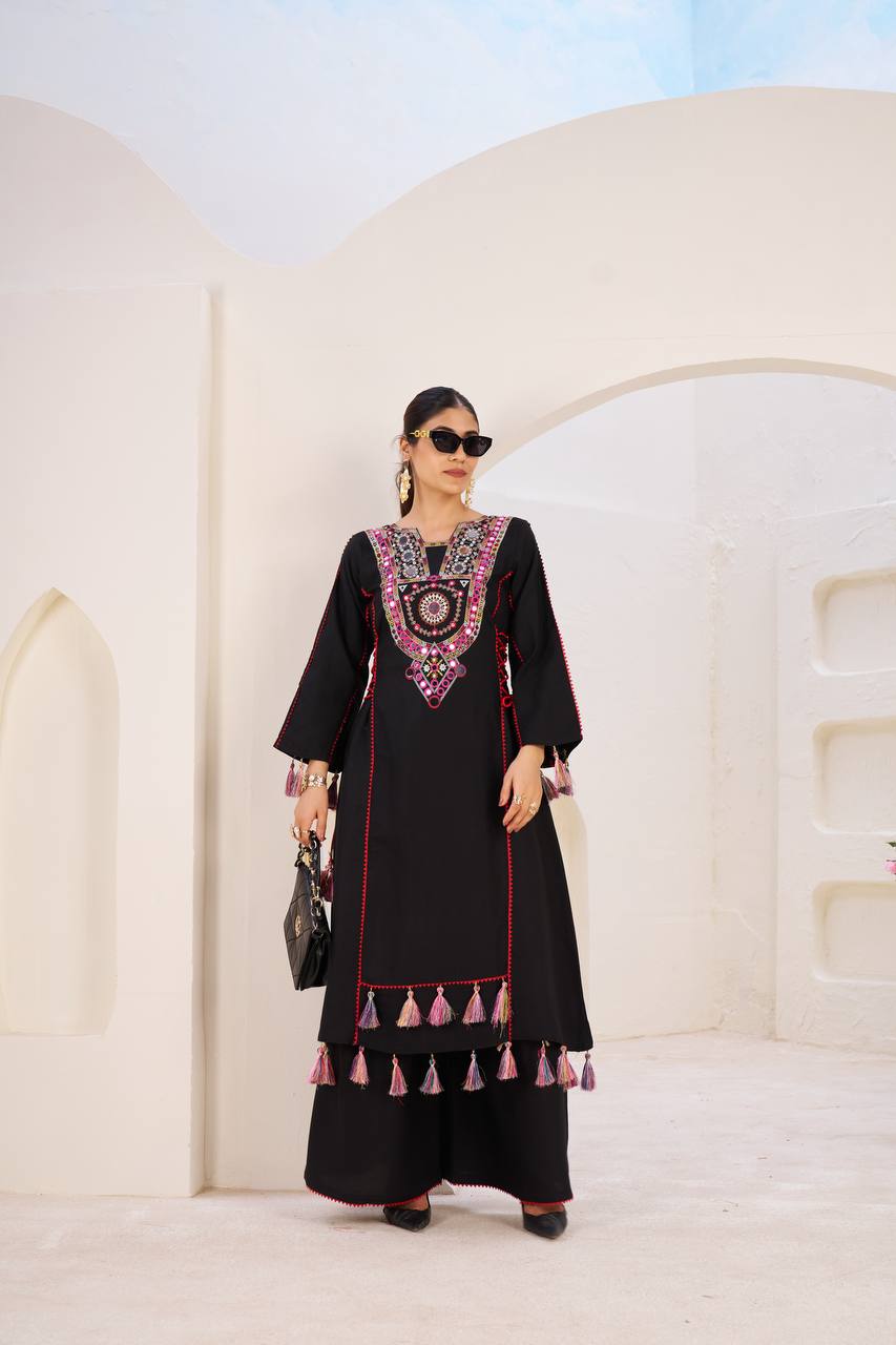 Women’s Black Rayon Kurta Set with Thread Embroidery, Real Mirror Work, Tassels & Fancy Lace Detailing