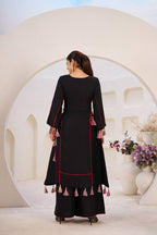 Women’s Black Rayon Kurta Set with Thread Embroidery, Real Mirror Work, Tassels & Fancy Lace Detailing