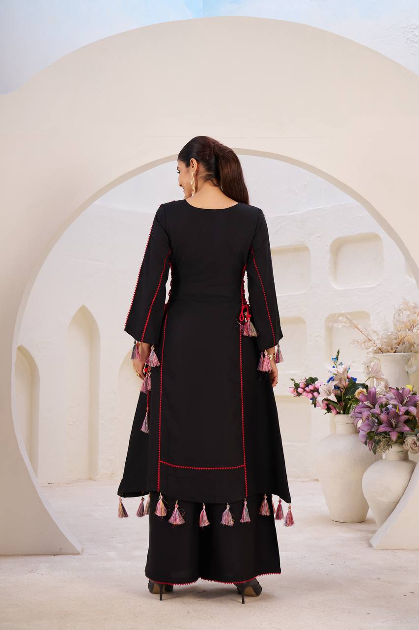 Women’s Black Rayon Kurta Set with Thread Embroidery, Real Mirror Work, Tassels & Fancy Lace Detailing