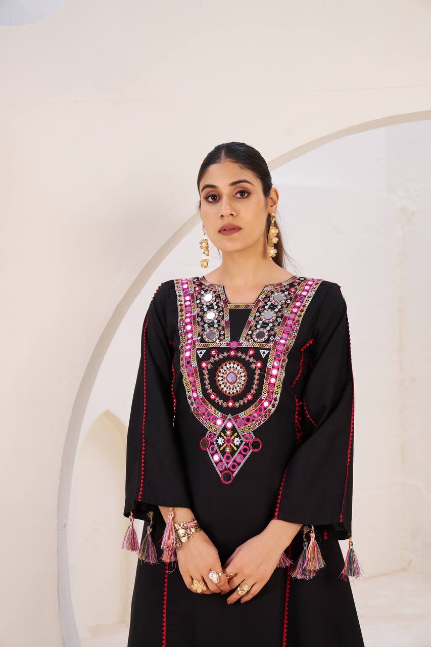 Women’s Black Rayon Kurta Set with Thread Embroidery, Real Mirror Work, Tassels & Fancy Lace Detailing