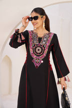 Women’s Black Rayon Kurta Set with Thread Embroidery, Real Mirror Work, Tassels & Fancy Lace Detailing