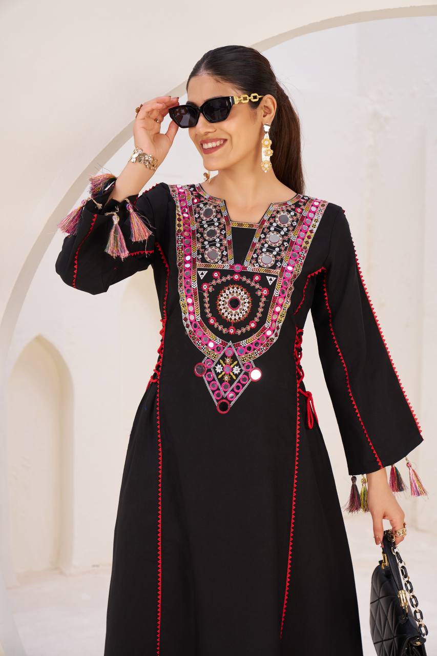 Women’s Black Rayon Kurta Set with Thread Embroidery, Real Mirror Work, Tassels & Fancy Lace Detailing