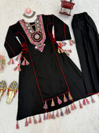 Women’s Black Rayon Kurta Set with Thread Embroidery, Real Mirror Work, Tassels & Fancy Lace Detailing
