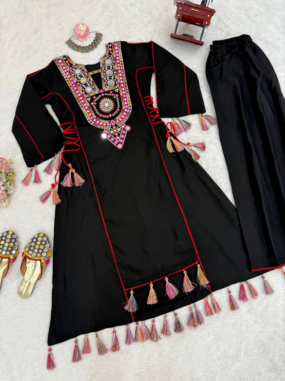 Women’s Black Rayon Kurta Set with Thread Embroidery, Real Mirror Work, Tassels & Fancy Lace Detailing