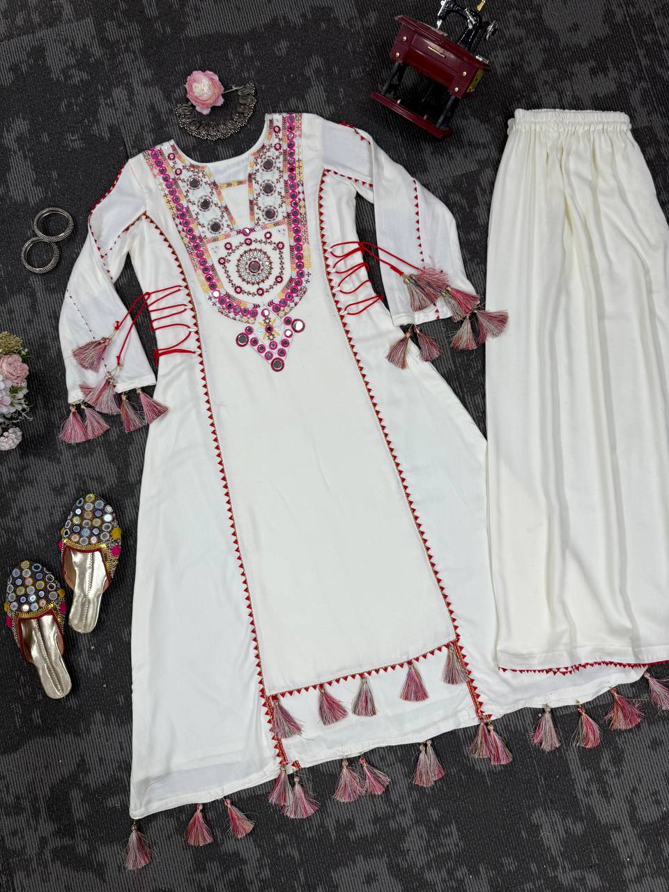 Women’s White Rayon Kurta Set with Thread Embroidery, Real Mirror Work, Tassels & Fancy Lace Detailing