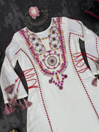 Women’s White Rayon Kurta Set with Thread Embroidery, Real Mirror Work, Tassels & Fancy Lace Detailing