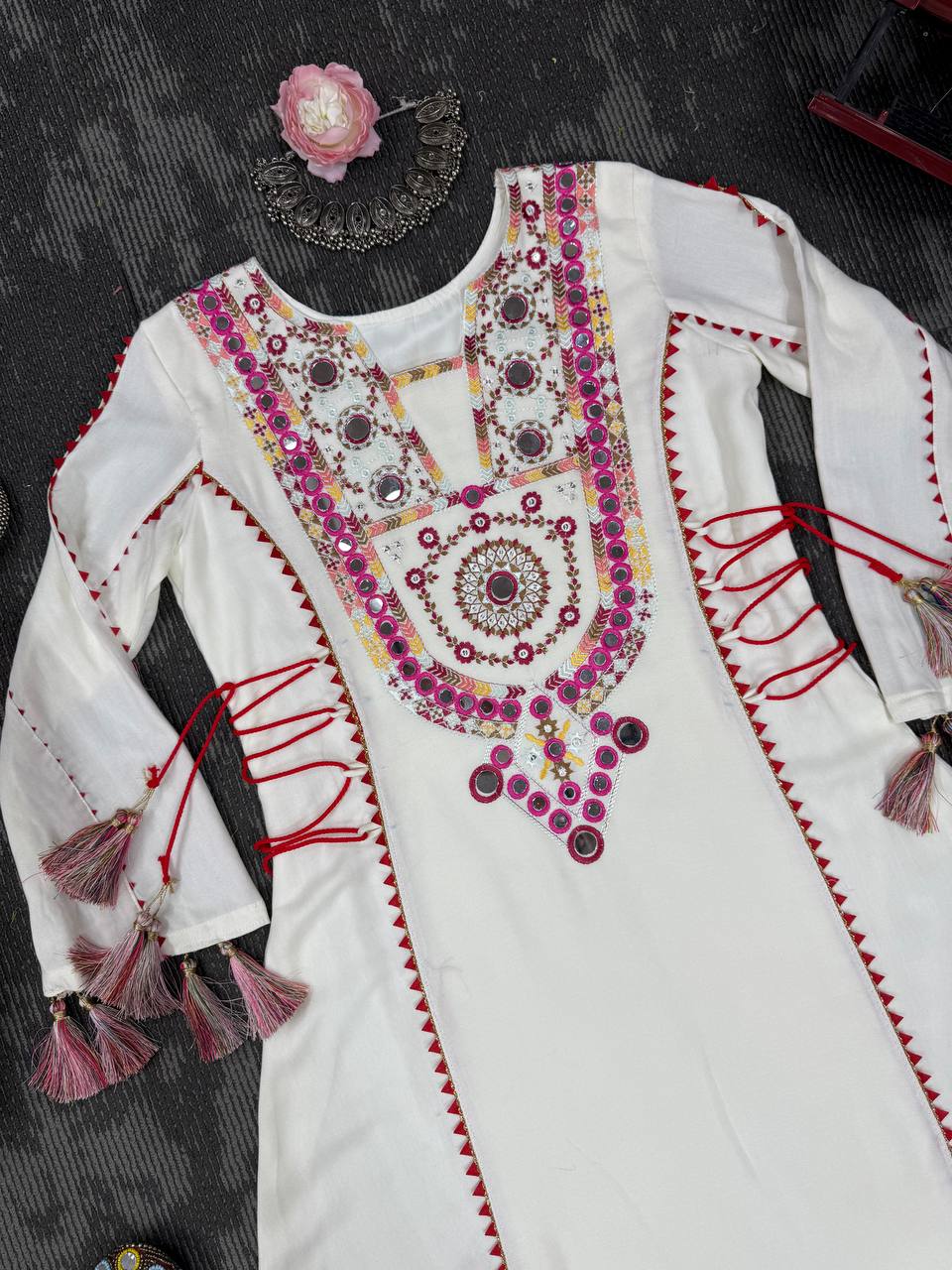 Women’s White Rayon Kurta Set with Thread Embroidery, Real Mirror Work, Tassels & Fancy Lace Detailing