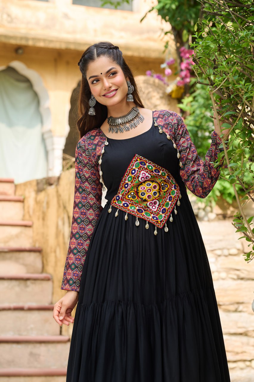 Black Reyon Kurta Set with Kutchi Gamthi Embroidery & Cotton Print Work – Traditional Ethnic Wear (User can adjust From 38" to 44" for your body comfort)
