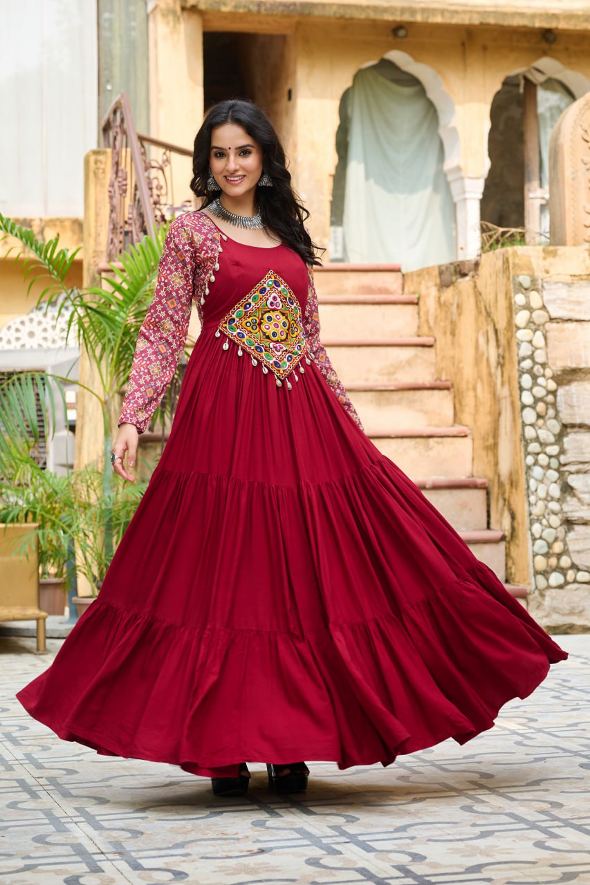 Maroon Reyon Kurta Set with Kutchi Gamthi Embroidery & Cotton Print Work – Traditional Ethnic Wear (User can adjust From 38" to 44" for your body comfort)