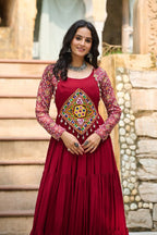 Maroon Reyon Kurta Set with Kutchi Gamthi Embroidery & Cotton Print Work – Traditional Ethnic Wear (User can adjust From 38" to 44" for your body comfort)