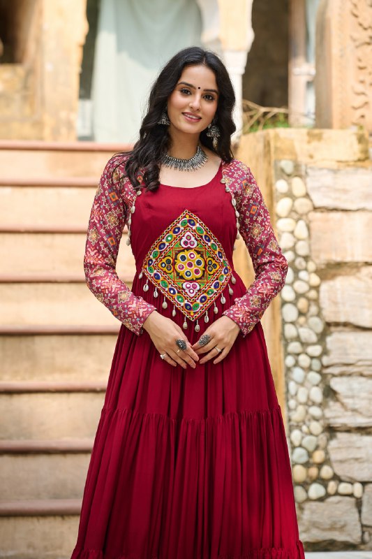 Maroon Reyon Kurta Set with Kutchi Gamthi Embroidery & Cotton Print Work – Traditional Ethnic Wear (User can adjust From 38" to 44" for your body comfort)