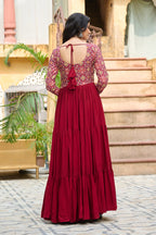 Maroon Reyon Kurta Set with Kutchi Gamthi Embroidery & Cotton Print Work – Traditional Ethnic Wear (User can adjust From 38" to 44" for your body comfort)