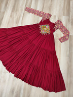 Maroon Reyon Kurta Set with Kutchi Gamthi Embroidery & Cotton Print Work – Traditional Ethnic Wear (User can adjust From 38" to 44" for your body comfort)