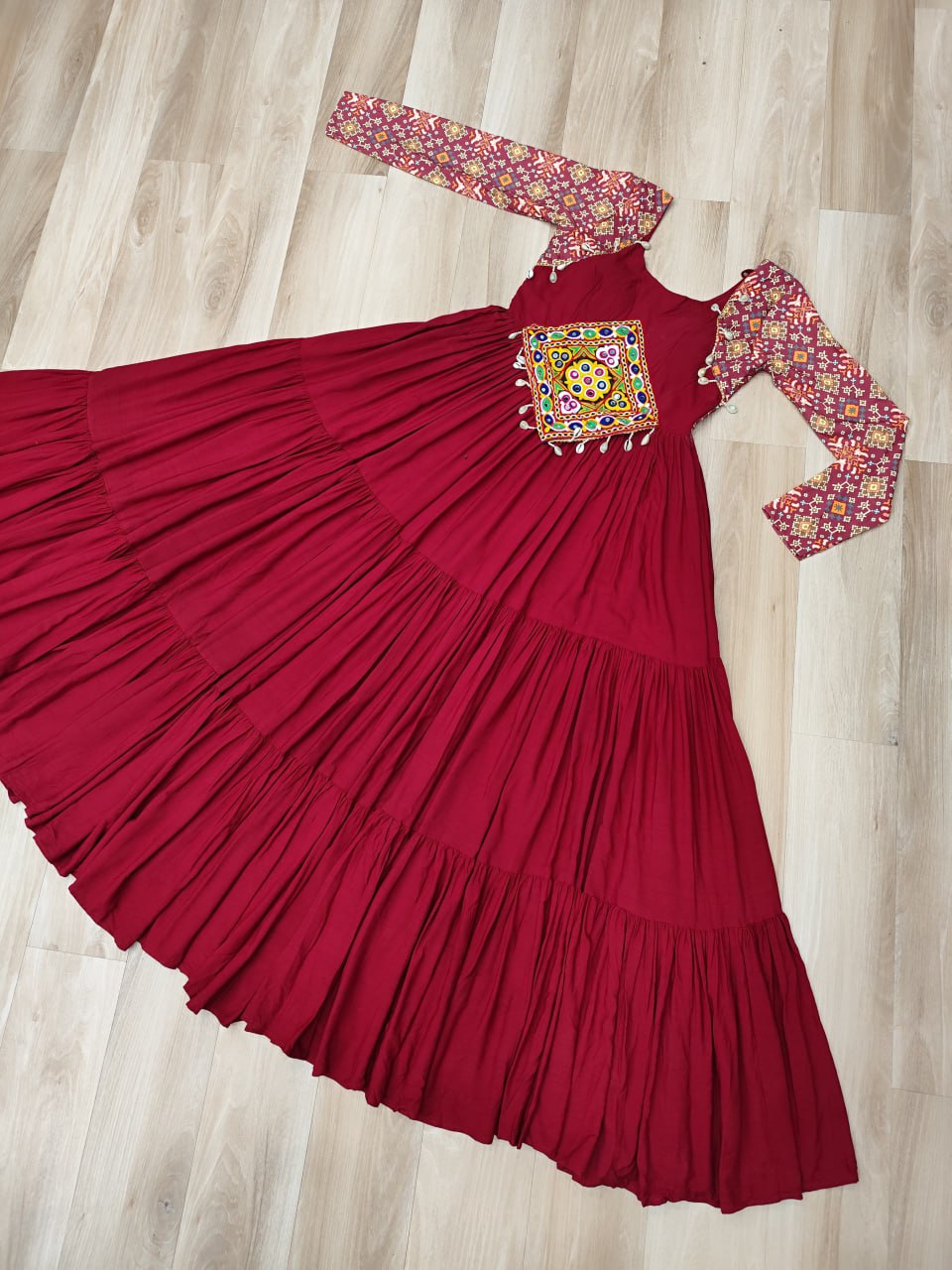 Maroon Reyon Kurta Set with Kutchi Gamthi Embroidery & Cotton Print Work – Traditional Ethnic Wear (User can adjust From 38" to 44" for your body comfort)