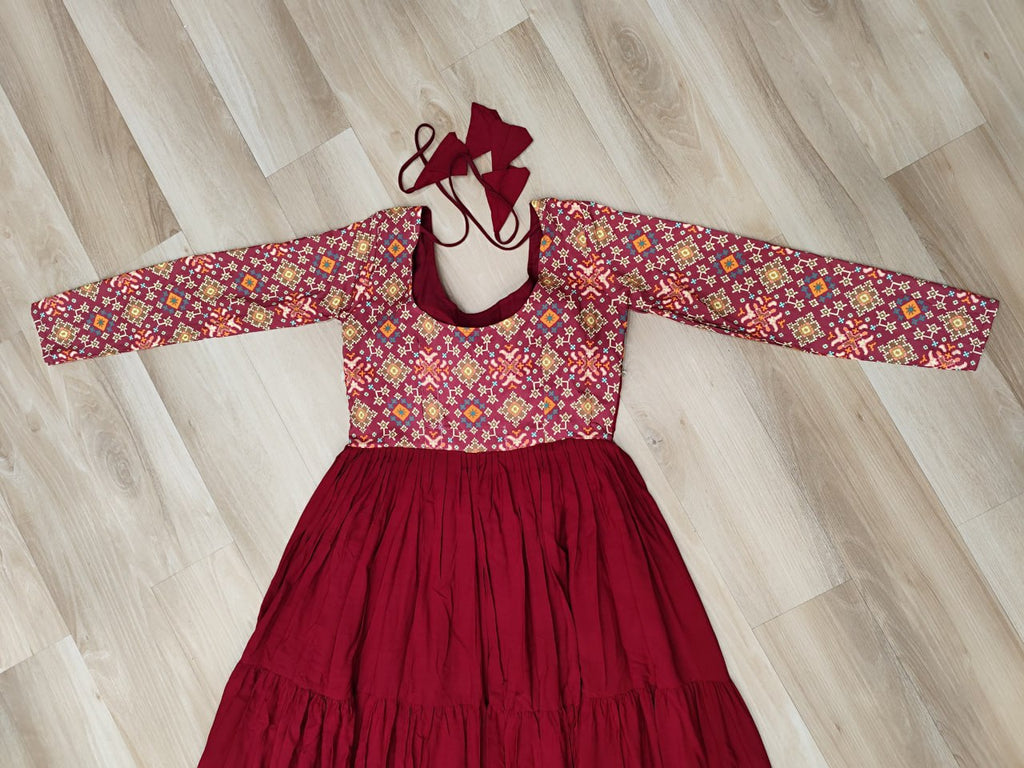 Maroon Reyon Kurta Set with Kutchi Gamthi Embroidery & Cotton Print Work – Traditional Ethnic Wear (User can adjust From 38" to 44" for your body comfort)