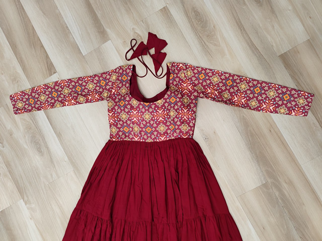 Maroon Reyon Kurta Set with Kutchi Gamthi Embroidery & Cotton Print Work – Traditional Ethnic Wear (User can adjust From 38" to 44" for your body comfort)