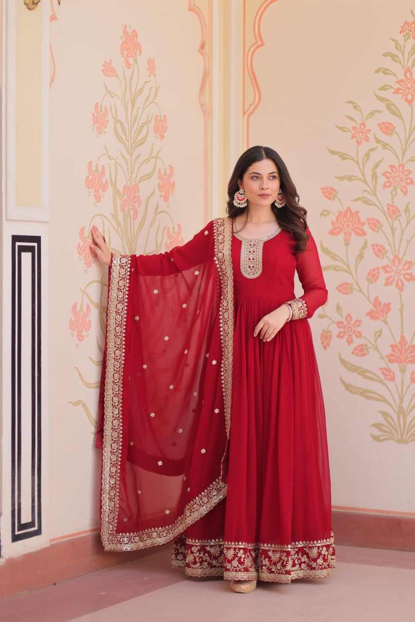 Maroon Faux Blooming Georgette Saree with Zari & Sequins Embroidery – Elegant Ethnic Wear