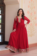 Maroon Faux Blooming Georgette Saree with Zari & Sequins Embroidery – Elegant Ethnic Wear