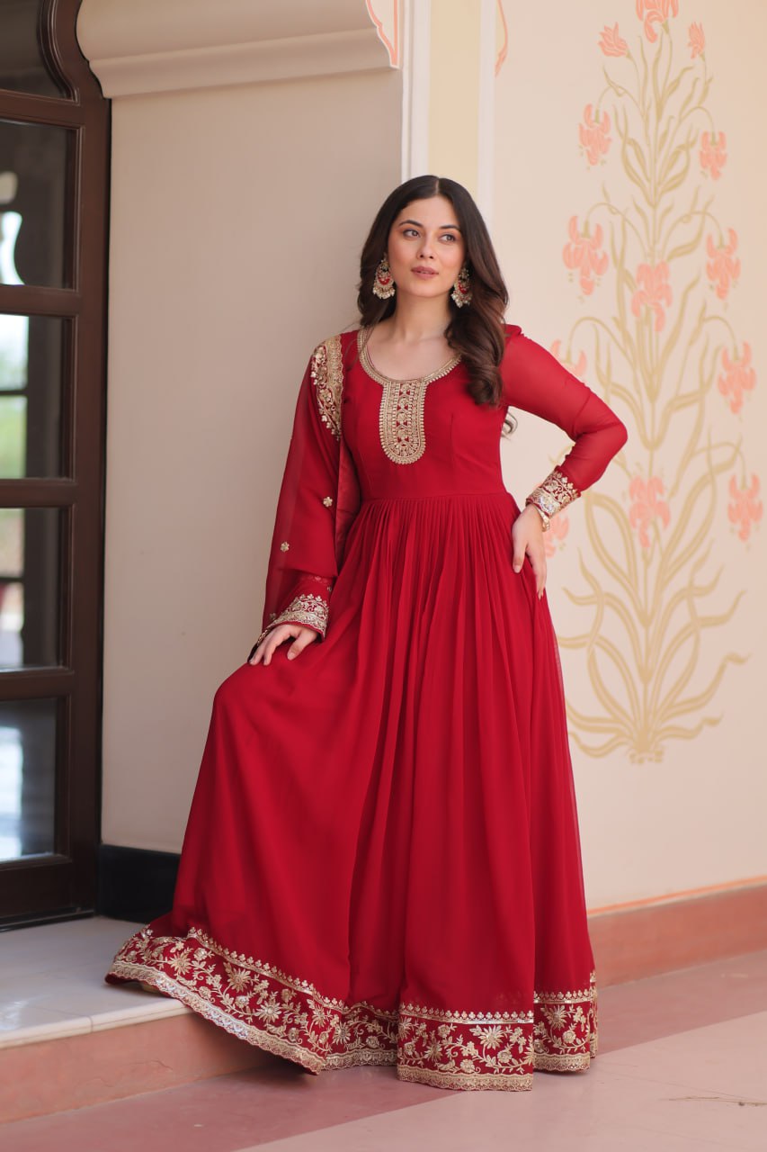 Maroon Faux Blooming Georgette Saree with Zari & Sequins Embroidery – Elegant Ethnic Wear