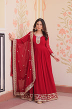 Maroon Faux Blooming Georgette Saree with Zari & Sequins Embroidery – Elegant Ethnic Wear