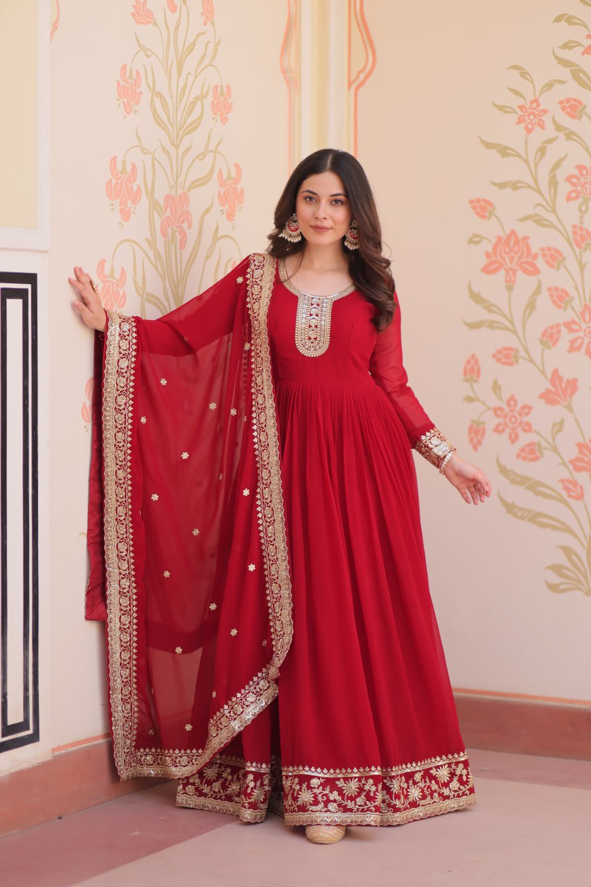Maroon Faux Blooming Georgette Saree with Zari & Sequins Embroidery – Elegant Ethnic Wear