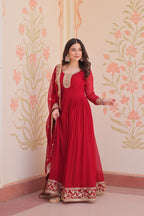 Maroon Faux Blooming Georgette Saree with Zari & Sequins Embroidery – Elegant Ethnic Wear