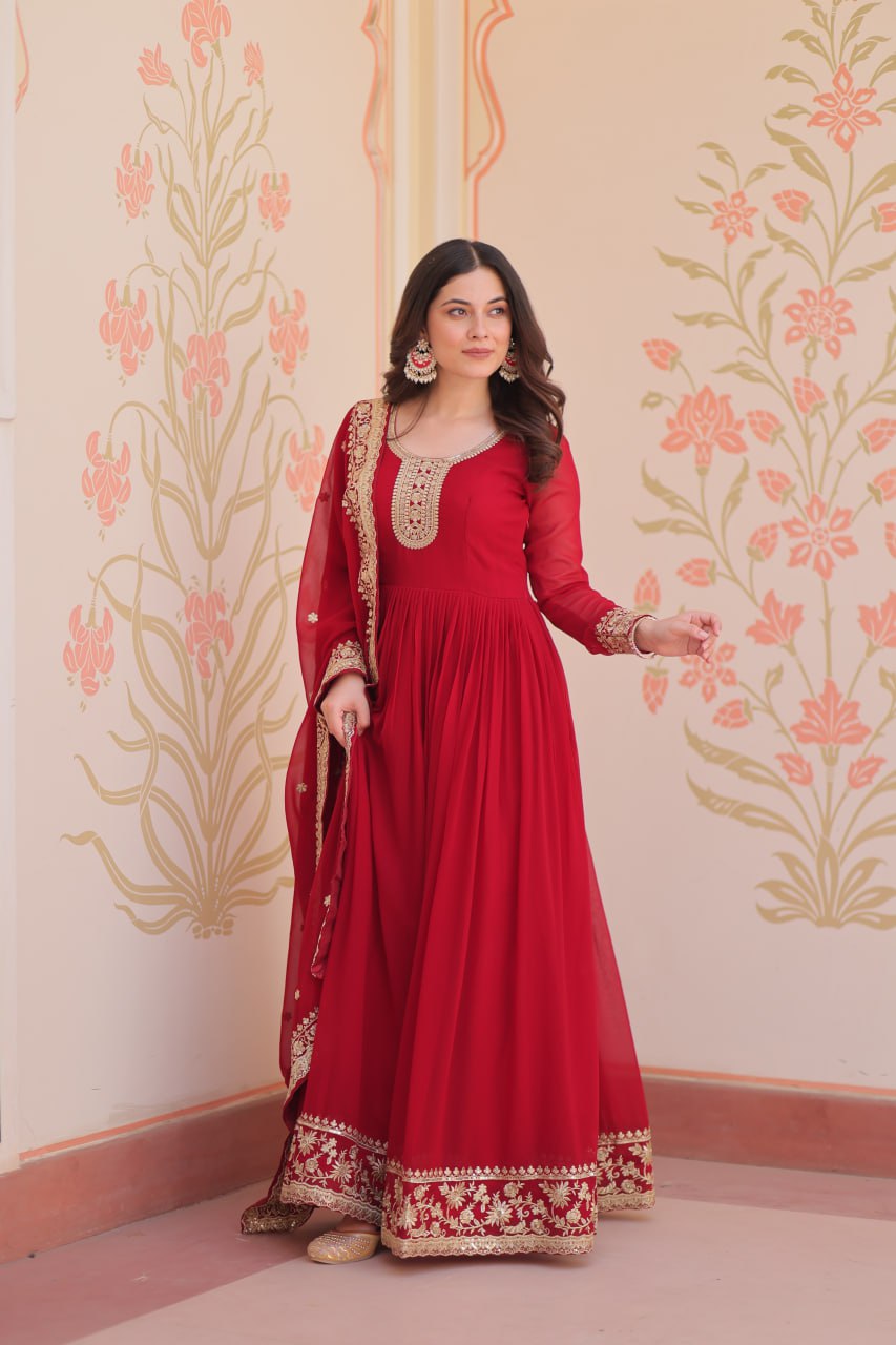 Maroon Faux Blooming Georgette Saree with Zari & Sequins Embroidery – Elegant Ethnic Wear