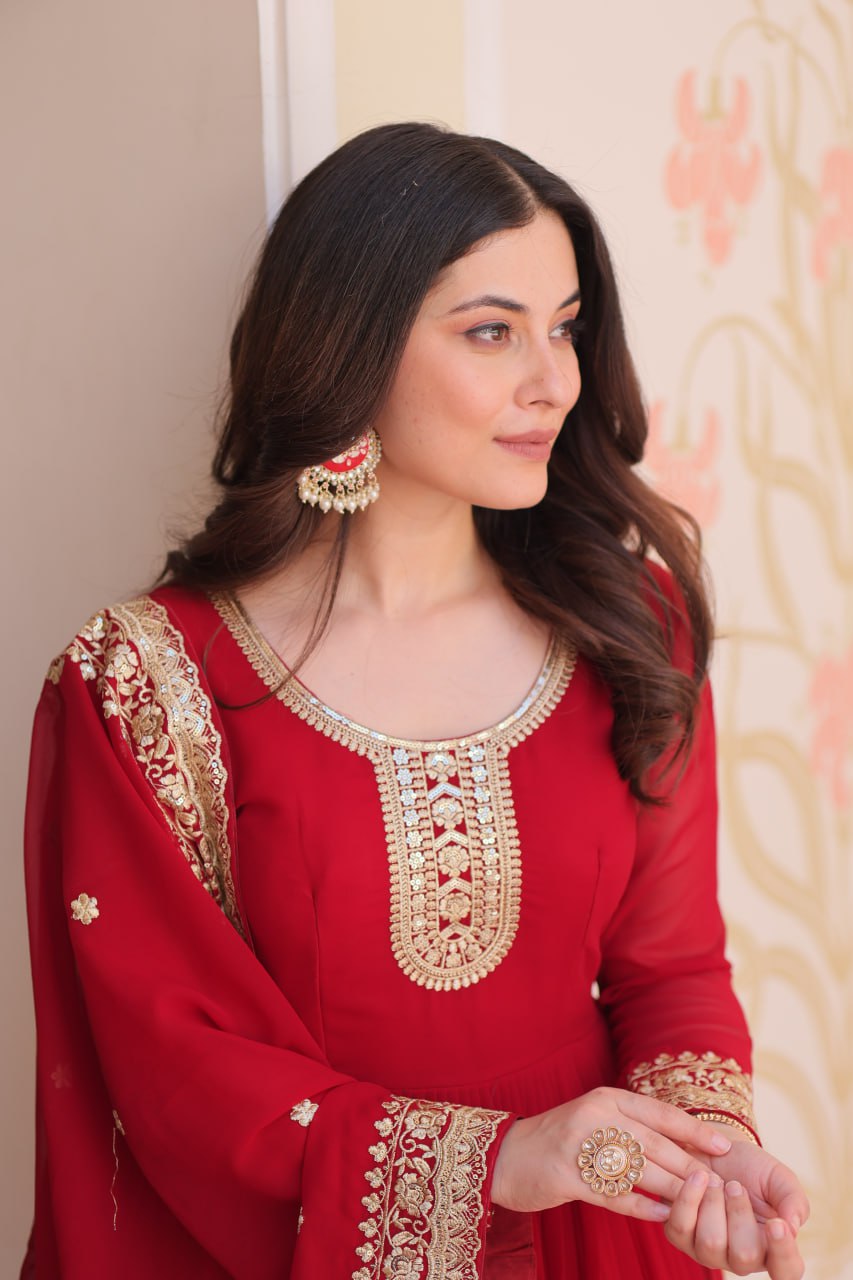 Maroon Faux Blooming Georgette Saree with Zari & Sequins Embroidery – Elegant Ethnic Wear